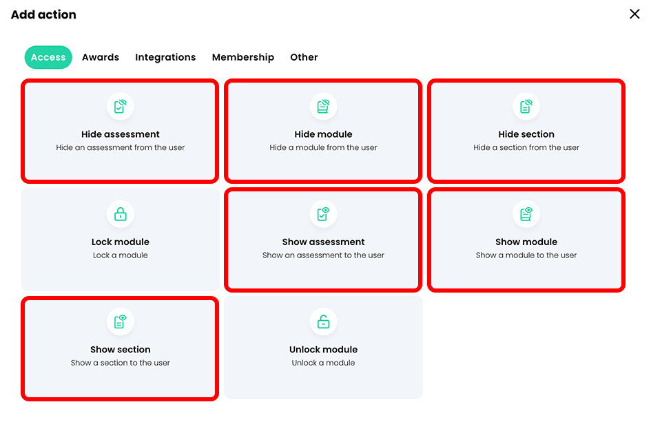 Add action pop-up, Access tab with the Hide assessment, Hide module, Hide section, Show assessment, Show module, and Show section buttons highlighted