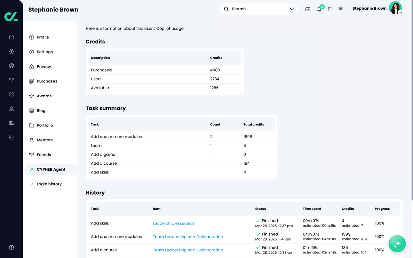 Profile page, CYPHER Agent page