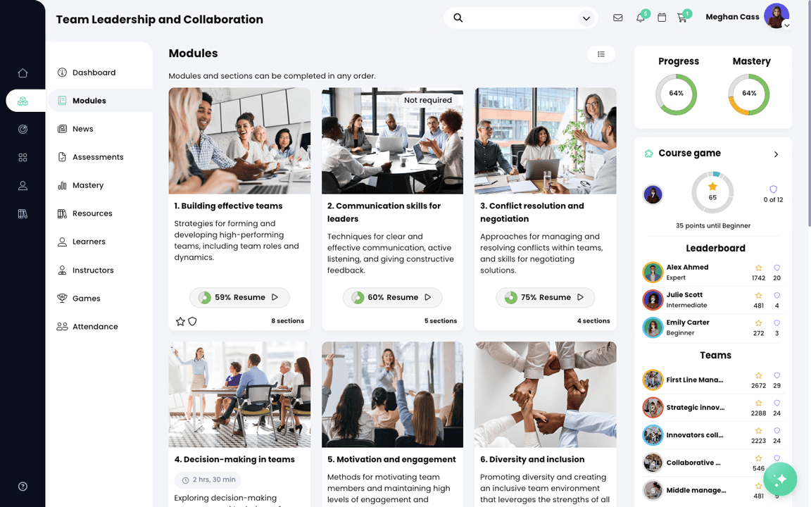 Course, Modules page with a list of modules displaying