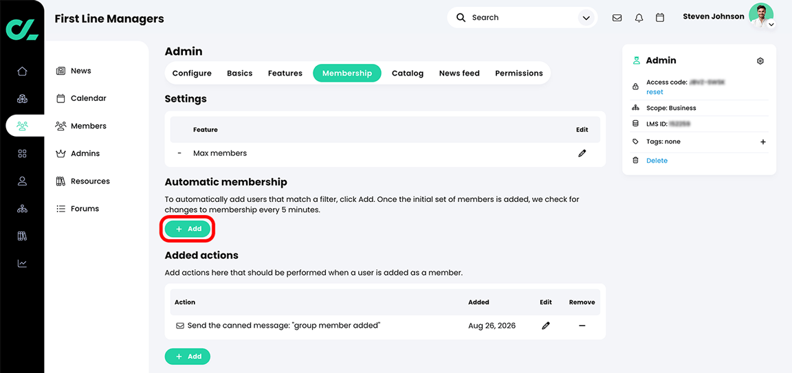 Group, Admin, Membership tab with the Add button highlighted in the Automatic membership section