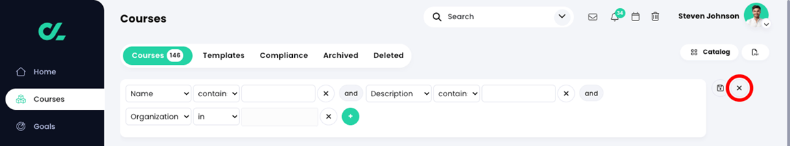 Courses, Courses list with three filters and the X icon on the right highlighted 