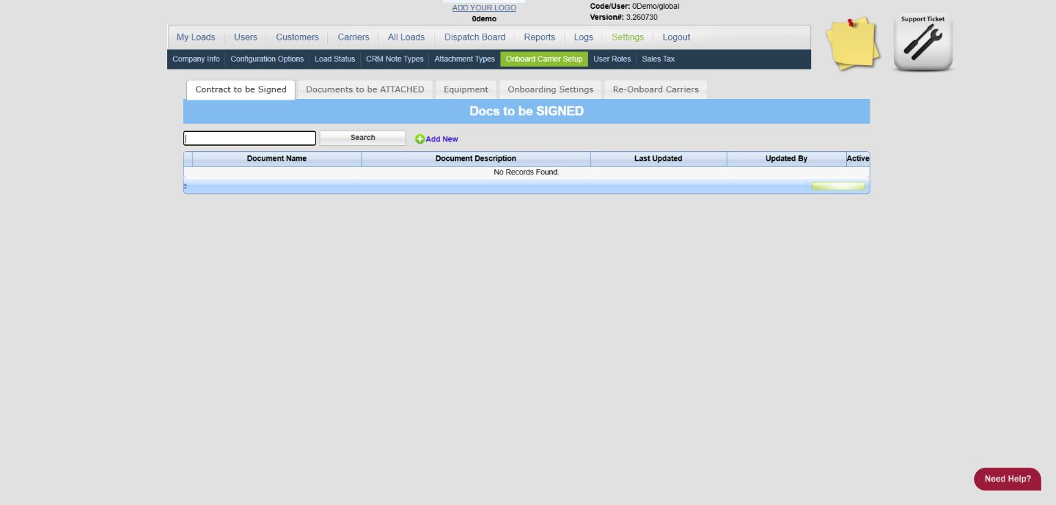 0Demo Onboard Carrier Setup screen
