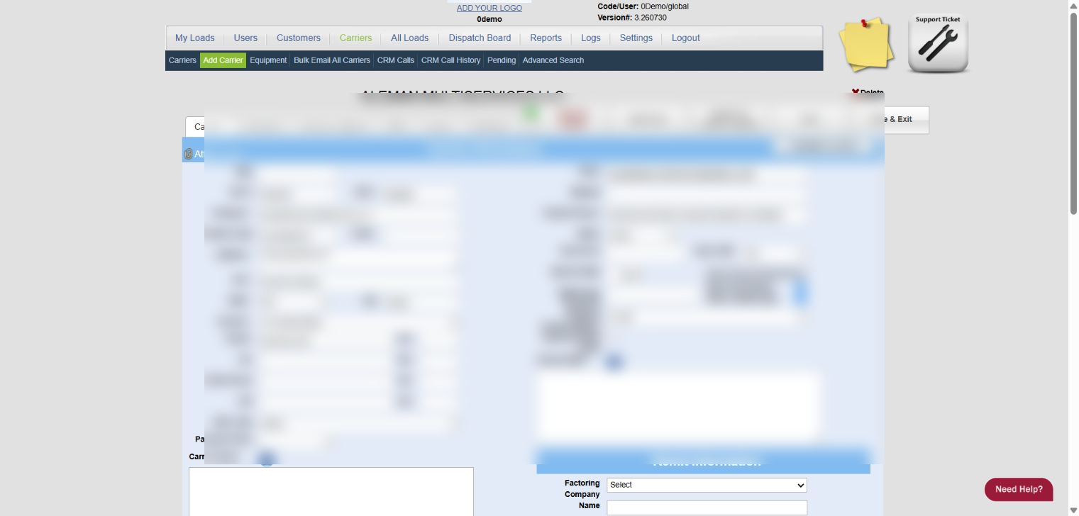 0Demo carrier profile screen with carrier details masked for dispatch service setup
