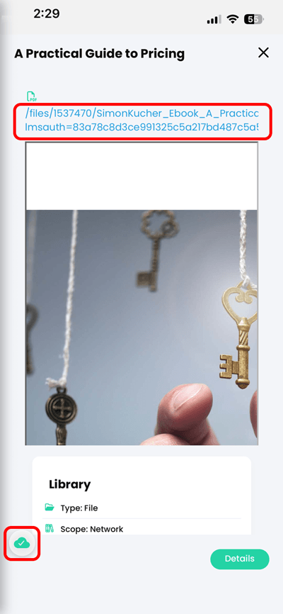 CYPHER Learning app, Resources PDF page with the PDF link highlighted and the green cache cloud icon highlighted, indicating the page has been cached