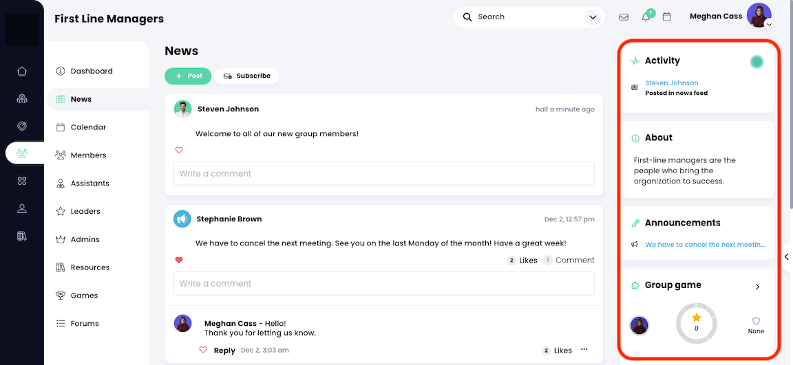 Groups, News feed with the Activity widget highlighted