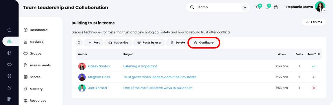 Page du forum avec le bouton Configurer mis en évidence