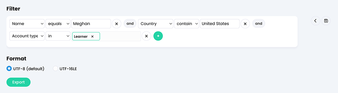 Admin, Export, Accounts tab, Filters section with three filters added