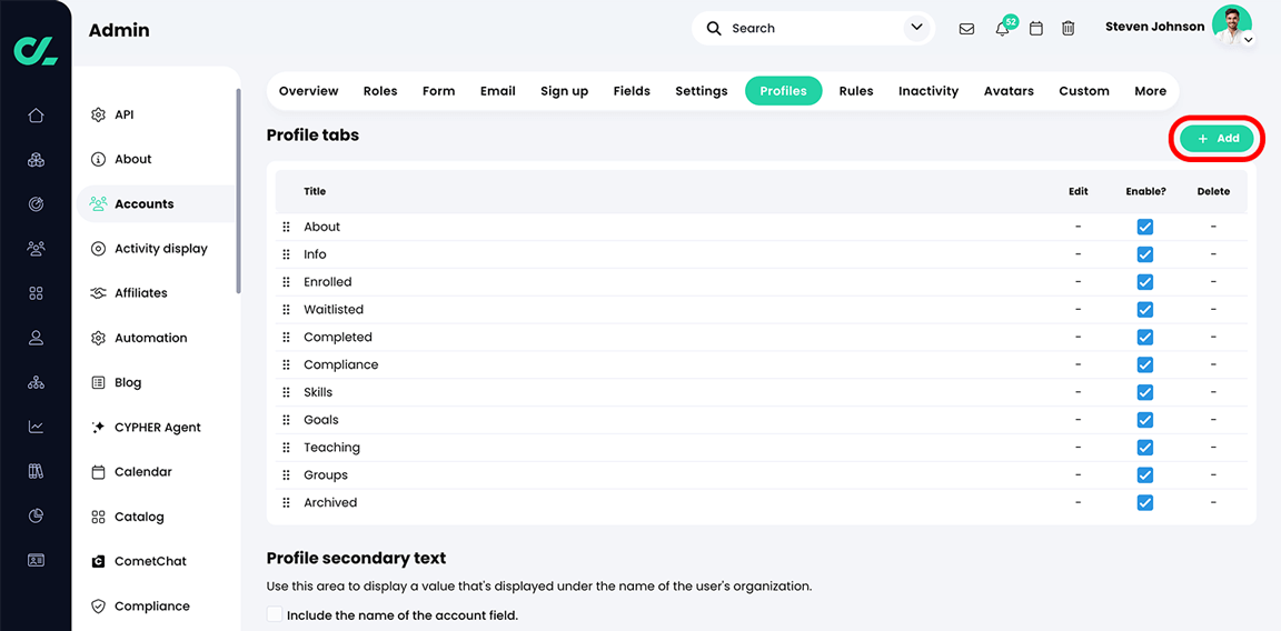 Admin, Accounts, Profiles tab with the Add button highlighted