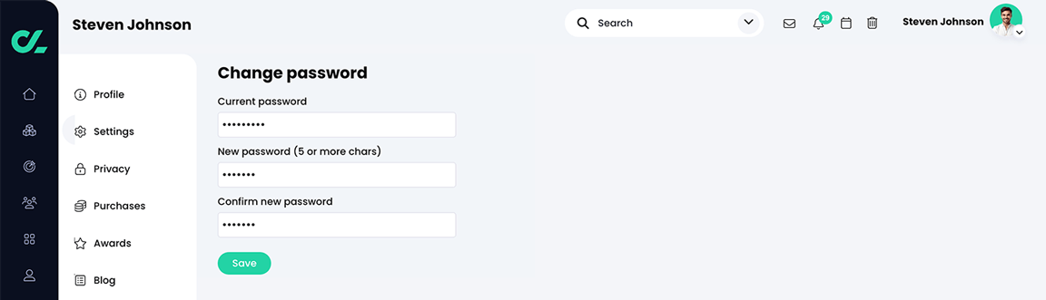 User profile, Change password page