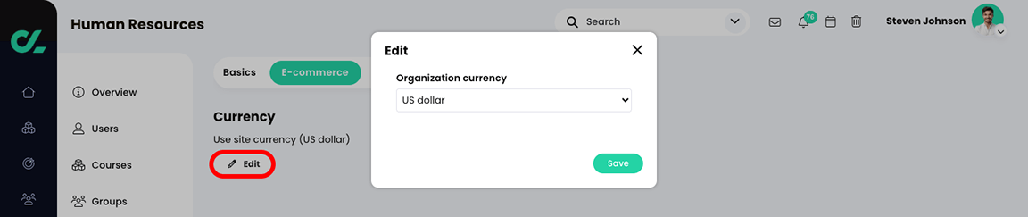 Organization, Admin, E-commerce tab with the Edit button highlighted and the Edit pop-up displaying