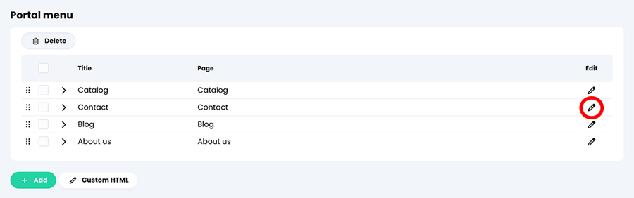 Admin, Portal, Visitor view tab, Portal menu section with the Edit icon highlighted for the Contact menu item