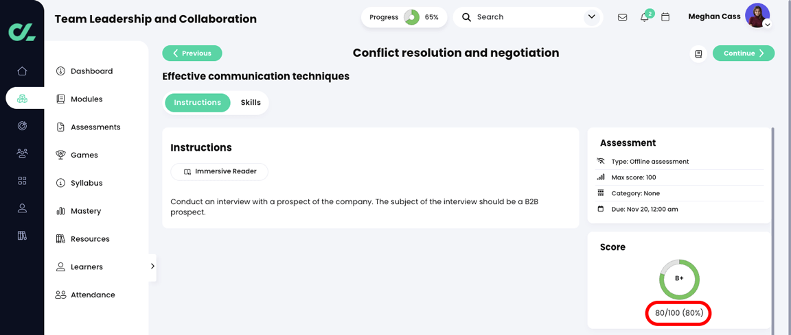 Course, Assessments, example of an offline assessment with the score highlighted in the Score widget