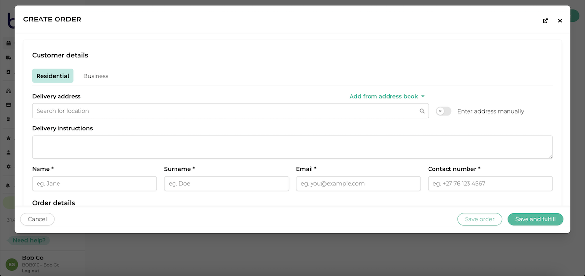 Create a manual order in Bob Go