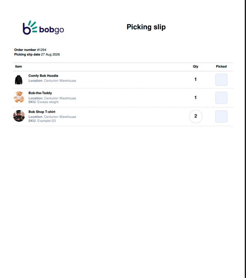 Example of a Bob Go picking slip