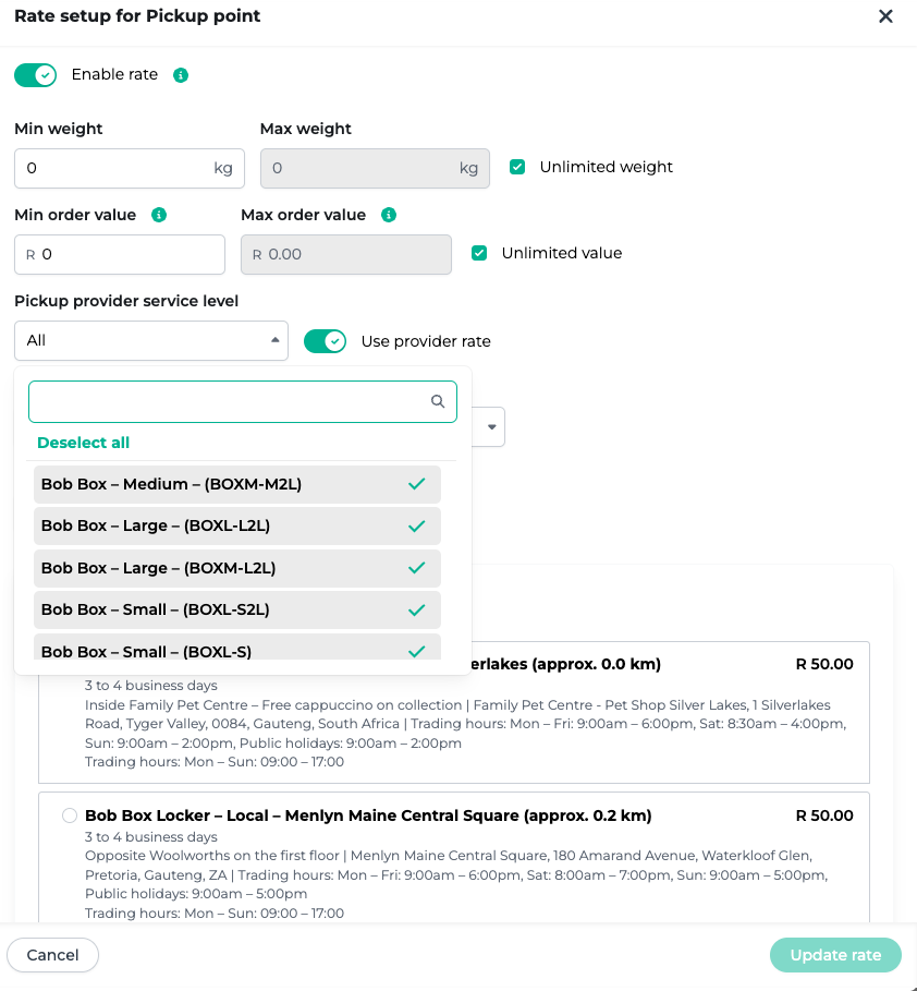 Configure custom pickup point rates in Bob Go