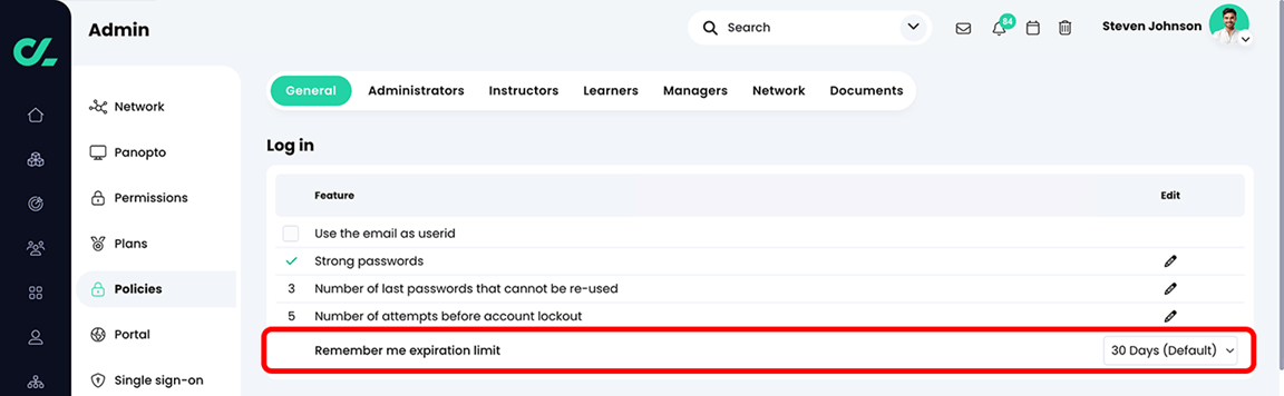 Admin, Policies, General tab with the Remember me expiration limit highlighted