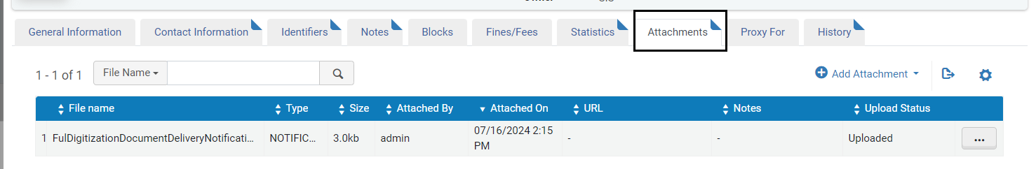 Patron Attachment tab showing notice was sent