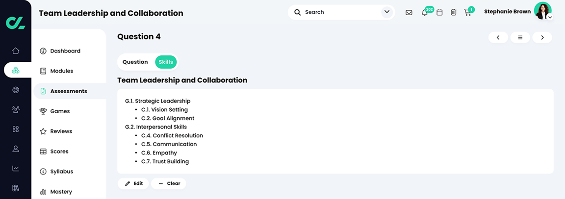 Course, Assessments, Quiz, Question, Skills tab with skills associated with the question listed