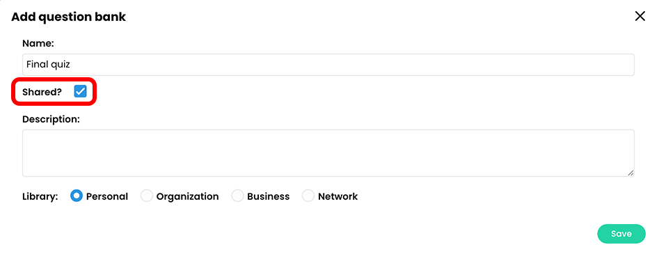 Add new question bank pop-up with the Shared checkbox highlighted