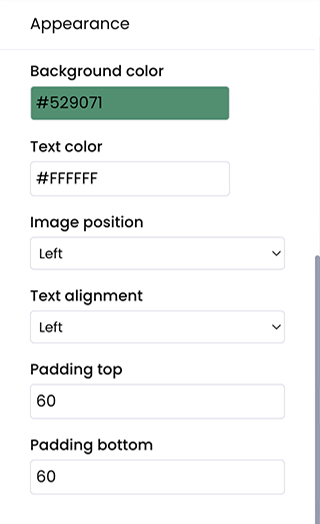 Portal visual editor, Split text and image menu, Appearance section