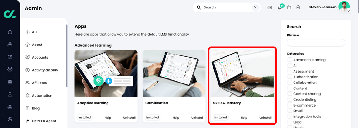 Admin, App center with the Skills & Mastery app highlighted