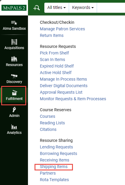 Shipping items form located under Fulfillment Resource Sharing then Shipping items