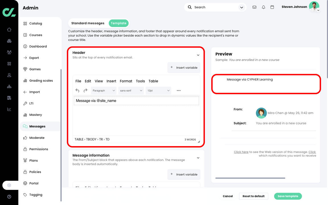 Admin, Messages, Template tab with the Header highlighted in the editor and the Preview