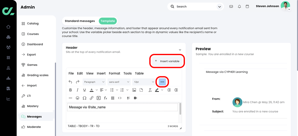 Admin, Messages, Template tab with the Insert variable button and three dot more icon highlighted