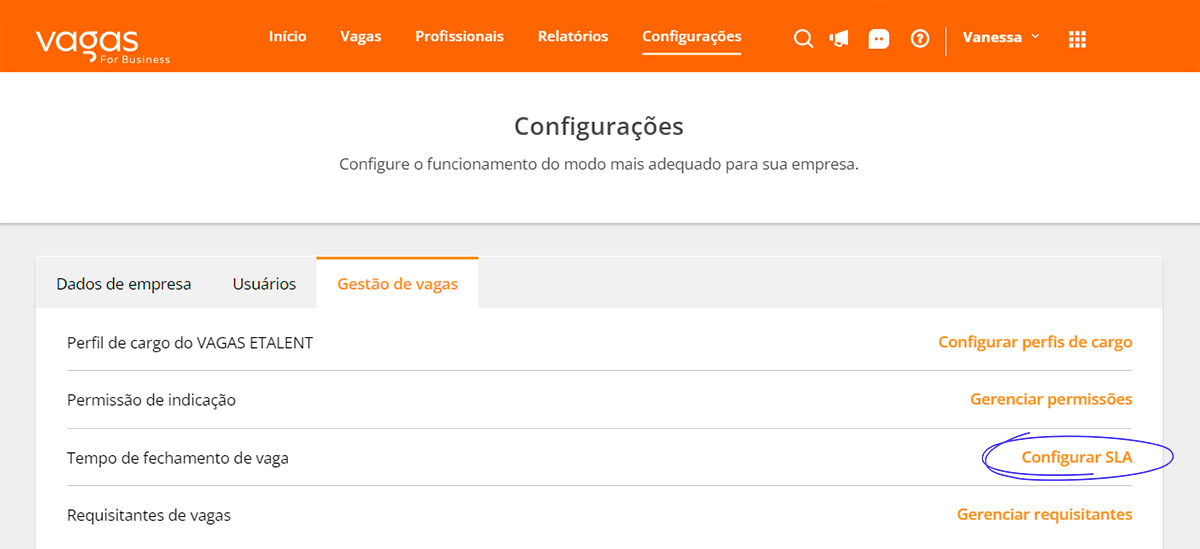 Tela de Configurações com destaque na opção Configurar SLA.