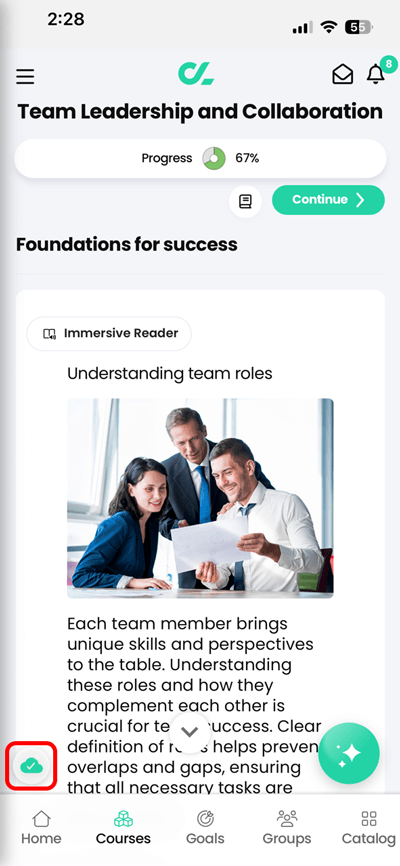 CYPHER Learning app, course page section with the green cache cloud icon highlighted, indicating the page has been cached