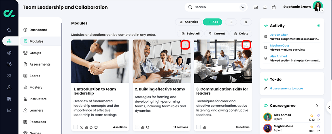 Course, Modules page with the pulsing activity dots on module tiles highlighted