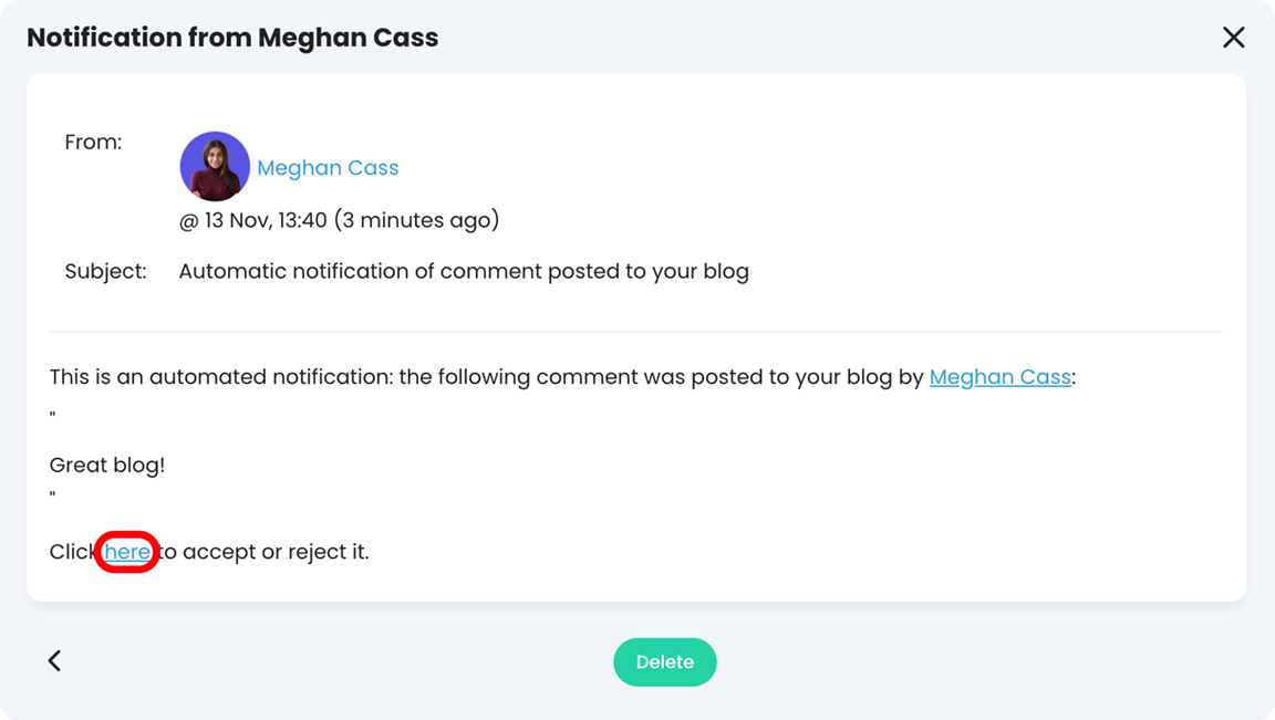 Cropped view of a notification about a blog comment with the link to the blog highlighted