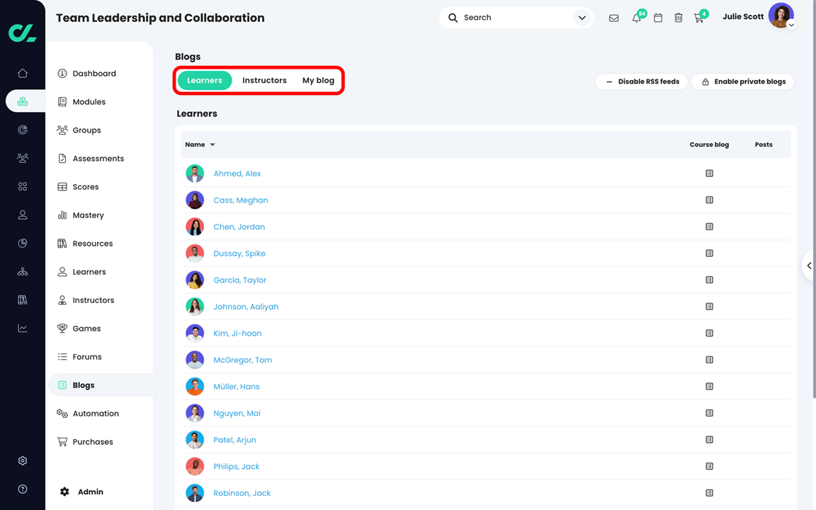 Course, Blogs, Learners page with the Learners, Instructors, and My blog tabs highlighted