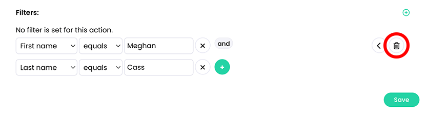 Add action pop-up, Filters section with a filter listed and the delete icon highlighted