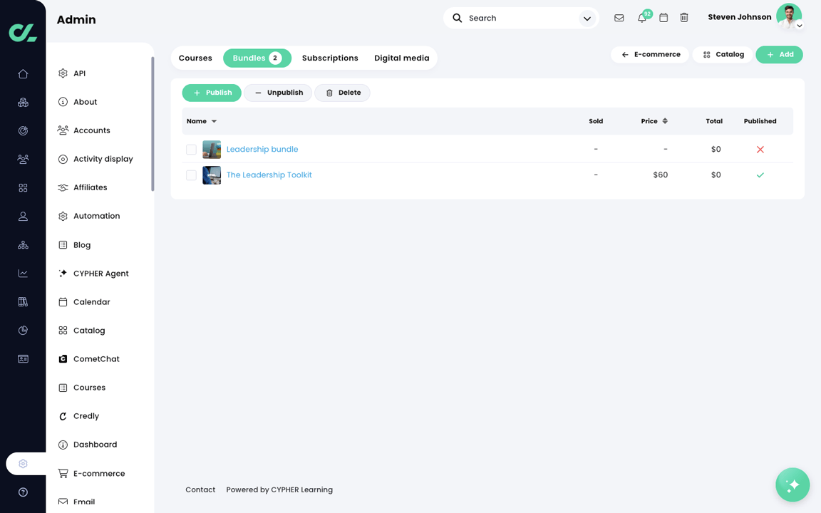 Admin, E-commerce, Bundles tab