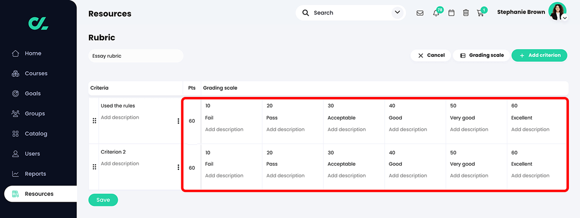 Resources, Rubric with the ratings for two criteria updated with the ratings from a grading scale from the library highlighted
