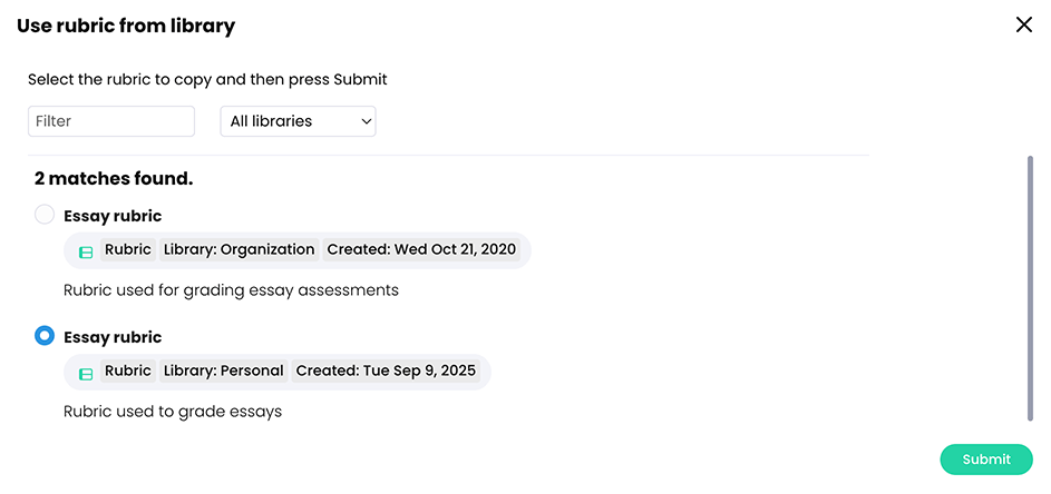 Use rubric from library pop-up with a rubric selected