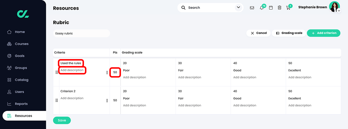 Resources, Rubric with a Criterion name, description, and points highlighted