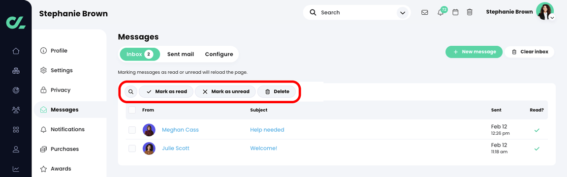 Profile, Messages, Inbox tab showing the search, Mark as read or unread, and Delete options above the table