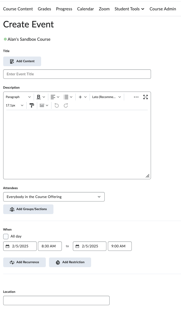 create an event on the calendar, shows the event title and date field