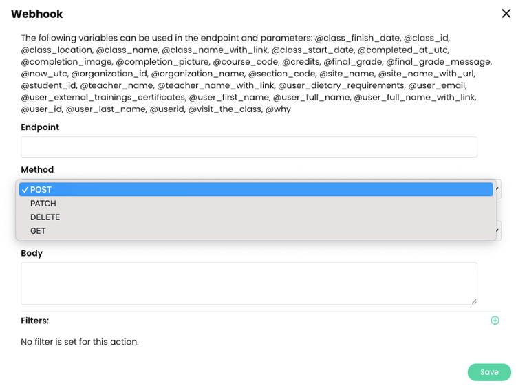 Webhook pop-up with the Method drop-down menu active