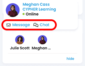 Online widget with the Message and Chat buttons highlighted