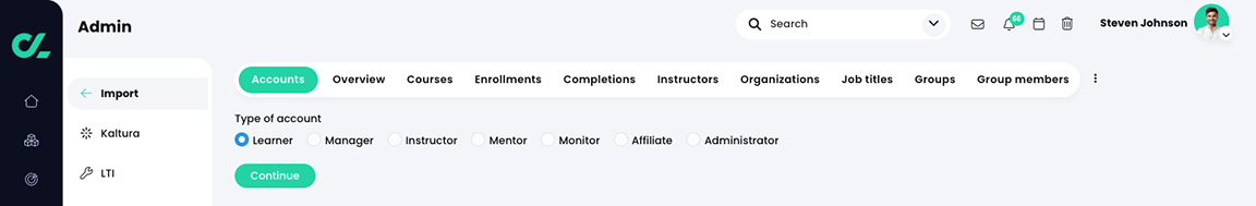 Admin, Import, Accounts tab with Learner account type selected