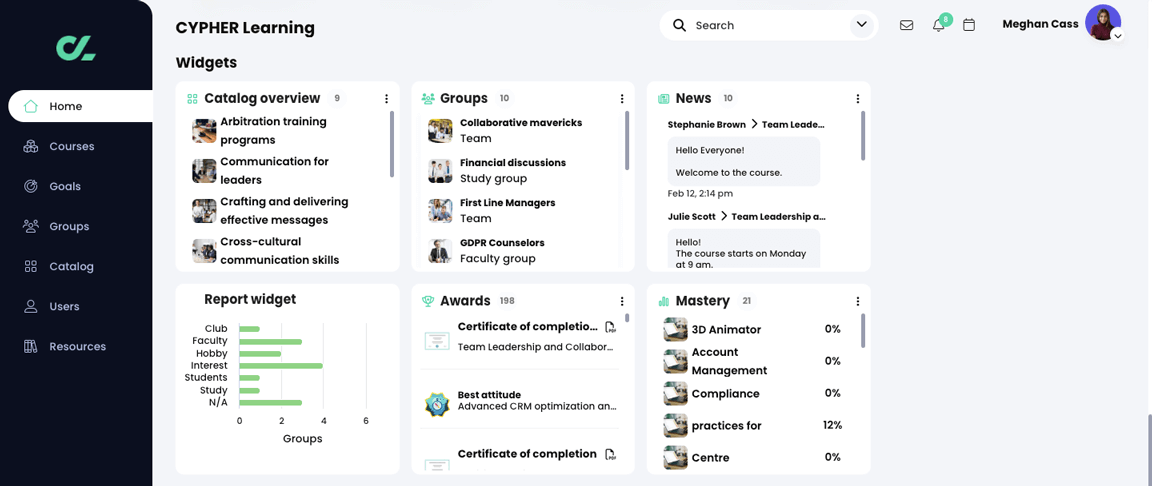 Learner home page dashboard displaying the Catalog overview, Groups, News, Report widget, Awards, and Mastery widgets