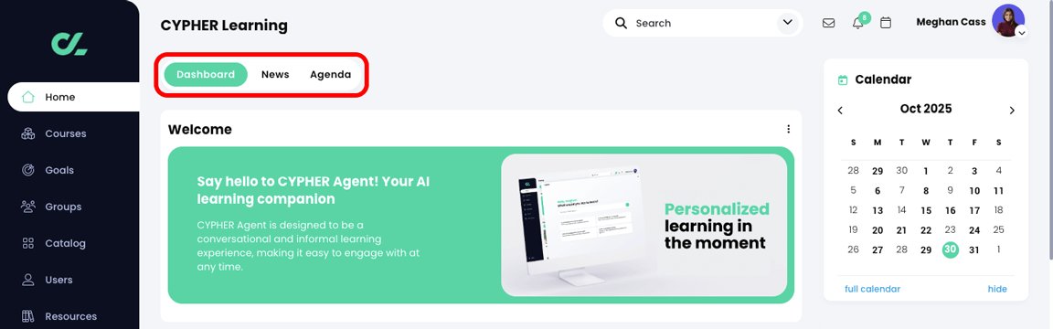 Learner home page dashboard with the Dashboard, News, and Agenda tabs highlighted