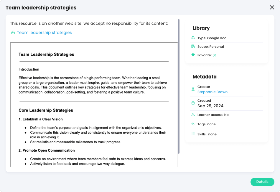 Resource detail page showing an embedded preview of the file that was imported
