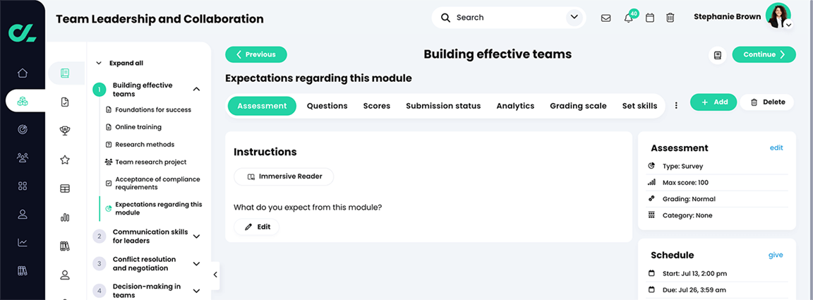 Course, Modules, Survey assessment page, Assessment tab
