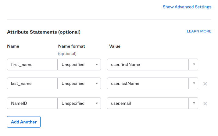 Identity Provider application example of Attribute Statements