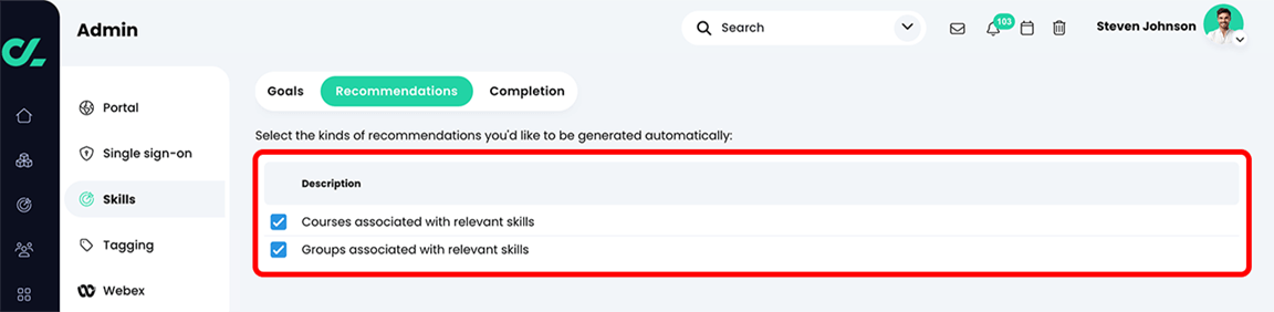 Admin, Skills, Recommendations tab with the 'Courses associated with relevant skills' and 'Groups associated with relevant skills' settings selected and highlighted