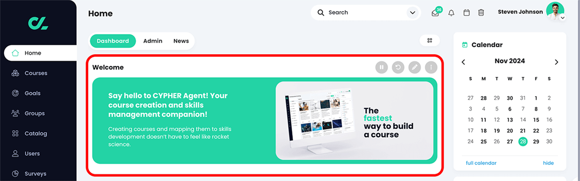 Home dashboard with the banner widget highlighted